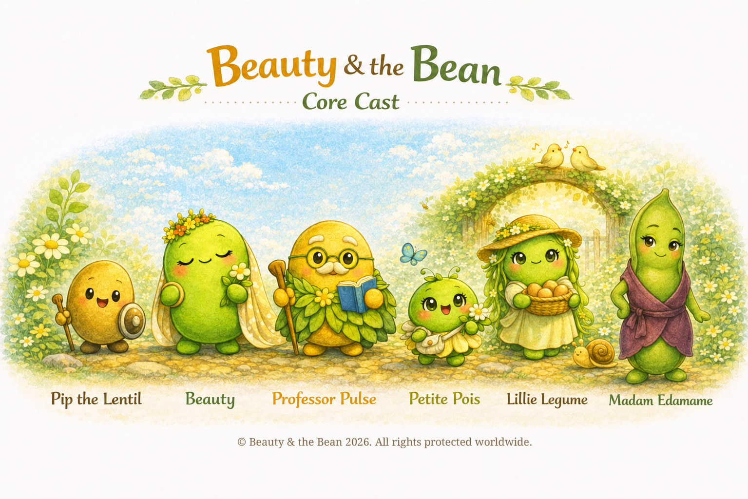 The six Beauty & the Bean core characters standing together on a warm garden path: Pip the Lentil, Beauty, Professor Pulse, Petite Pois, Lillie Legume and Madam Edamame.